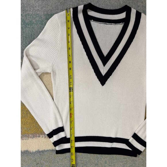 Ribbed‎ Knit Womens White V-Neck Cricket Varsity Long Sleeve Sz M Preppy Sweater - Picture 8 of 8